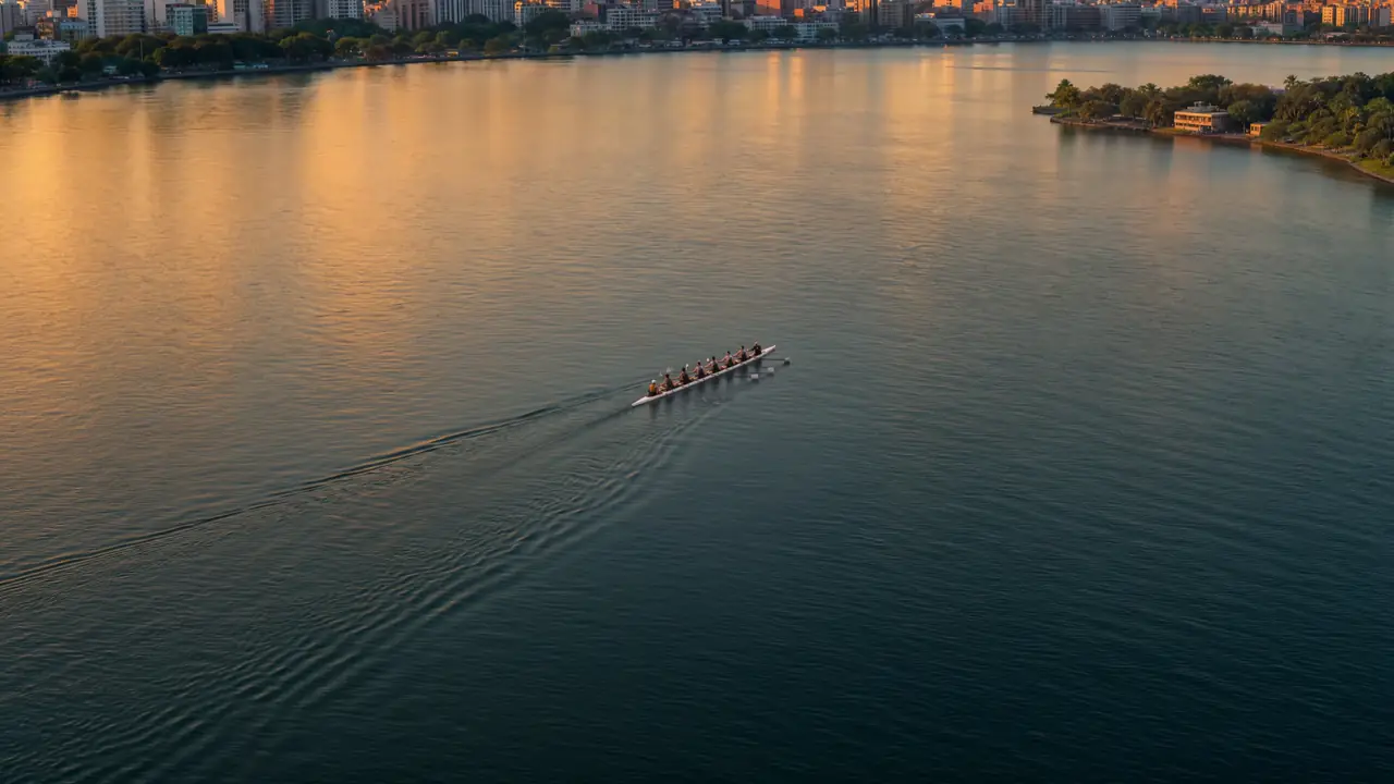 O barco de oito na Lagoa dourada ao entardecer, o Rio de Janeiro ao fundo.