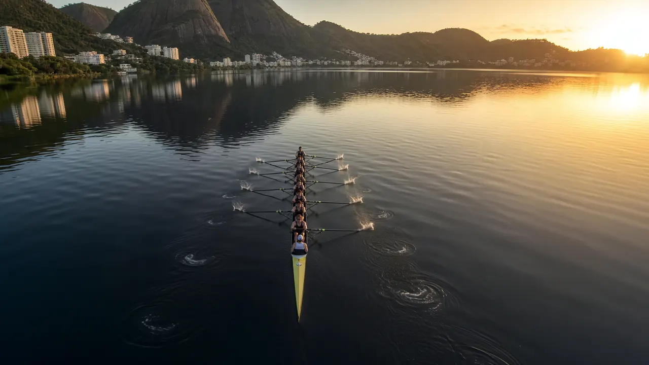 Um barco de oito remadores em sincronia na Lagoa Rodrigo de Freitas, ao amanhecer.