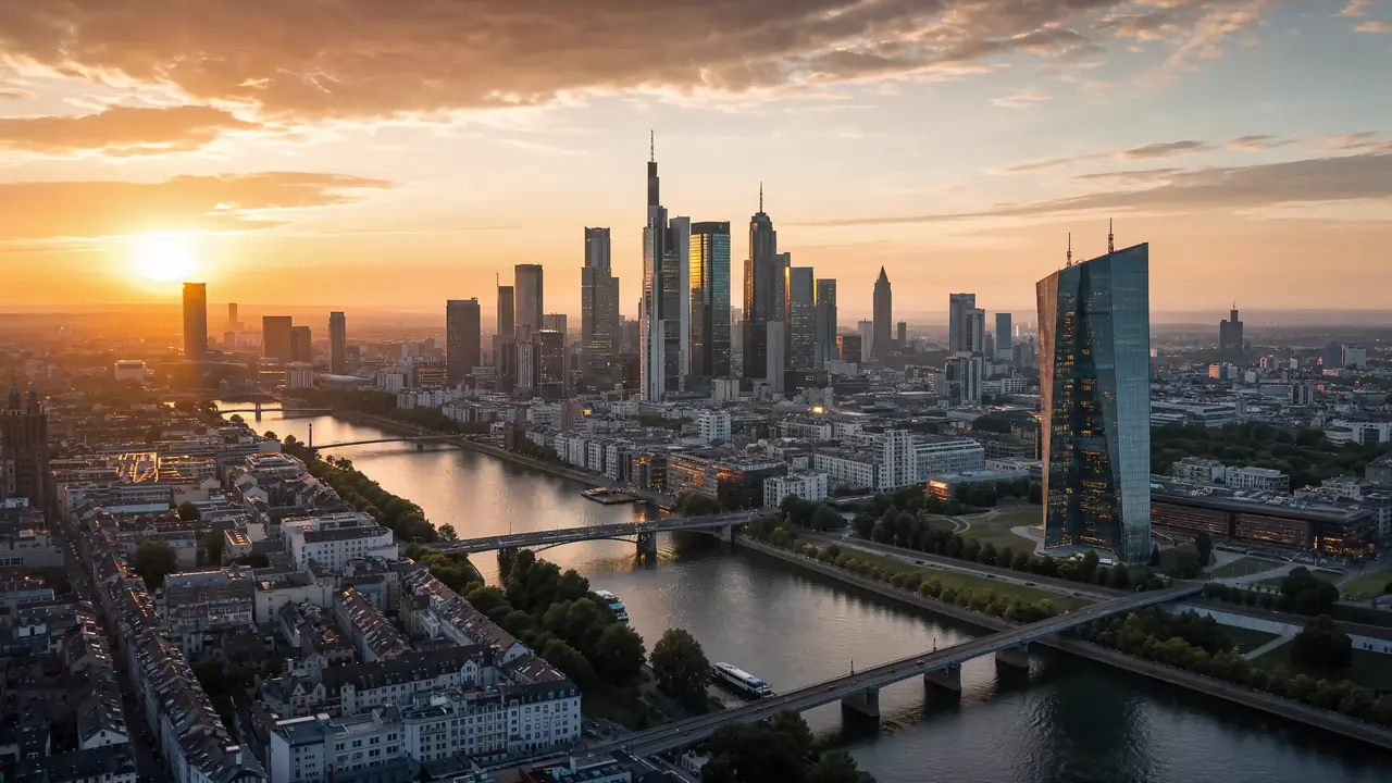O skyline financeiro de Frankfurt am Main ao entardecer, o rio Main ao centro.