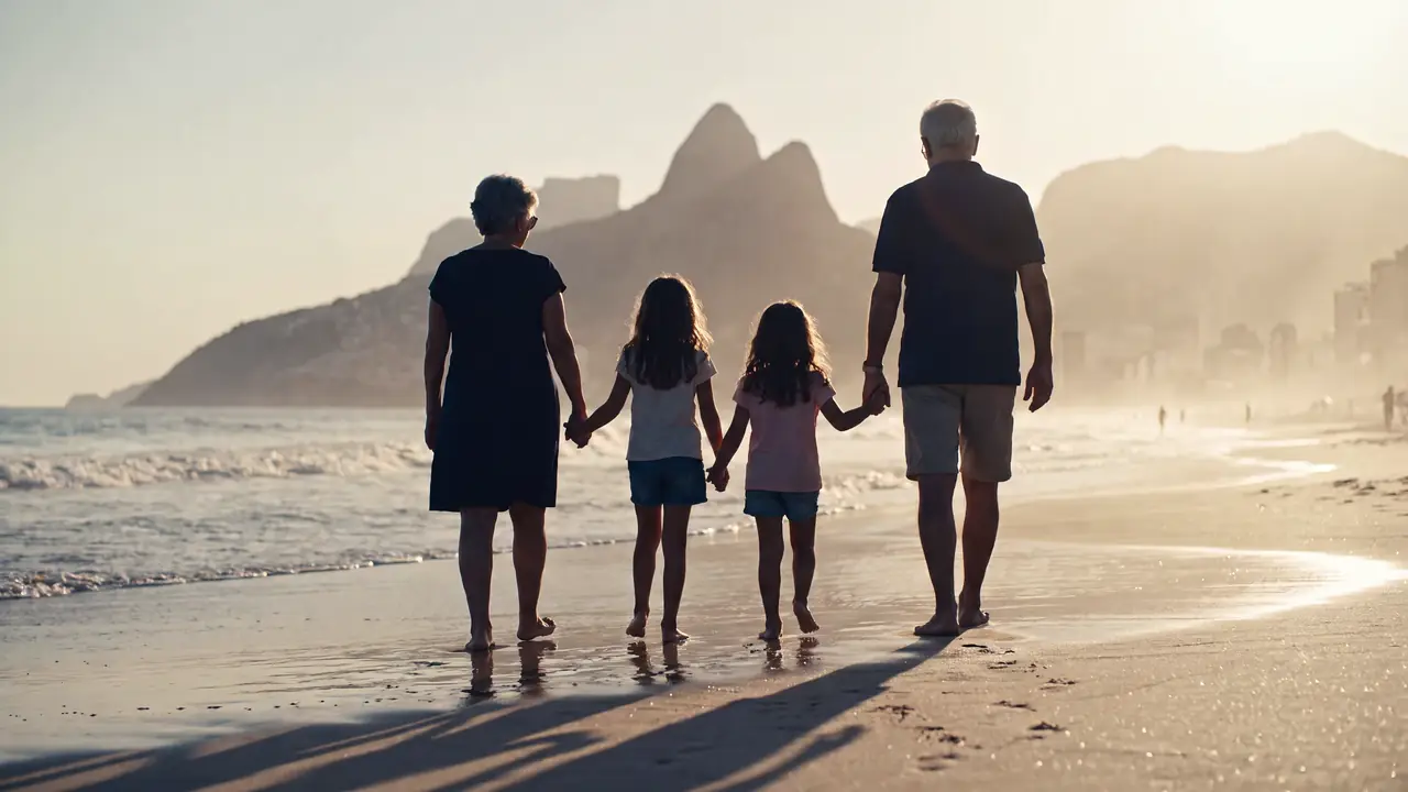 Avós caminham de mãos dadas com as netas à beira d'água em Ipanema, ao entardecer.